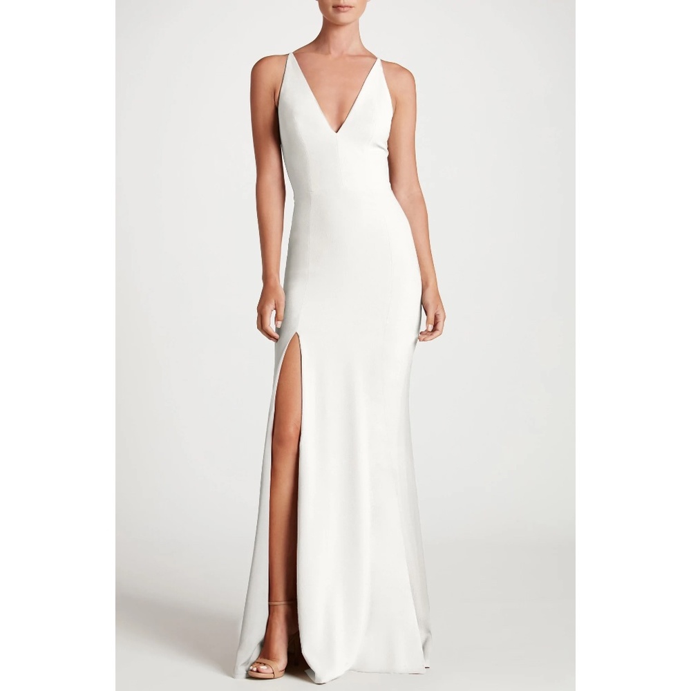 NWOT Dress the Population Iris Plunge V-Neck Slit Crepe Gown Off White size S